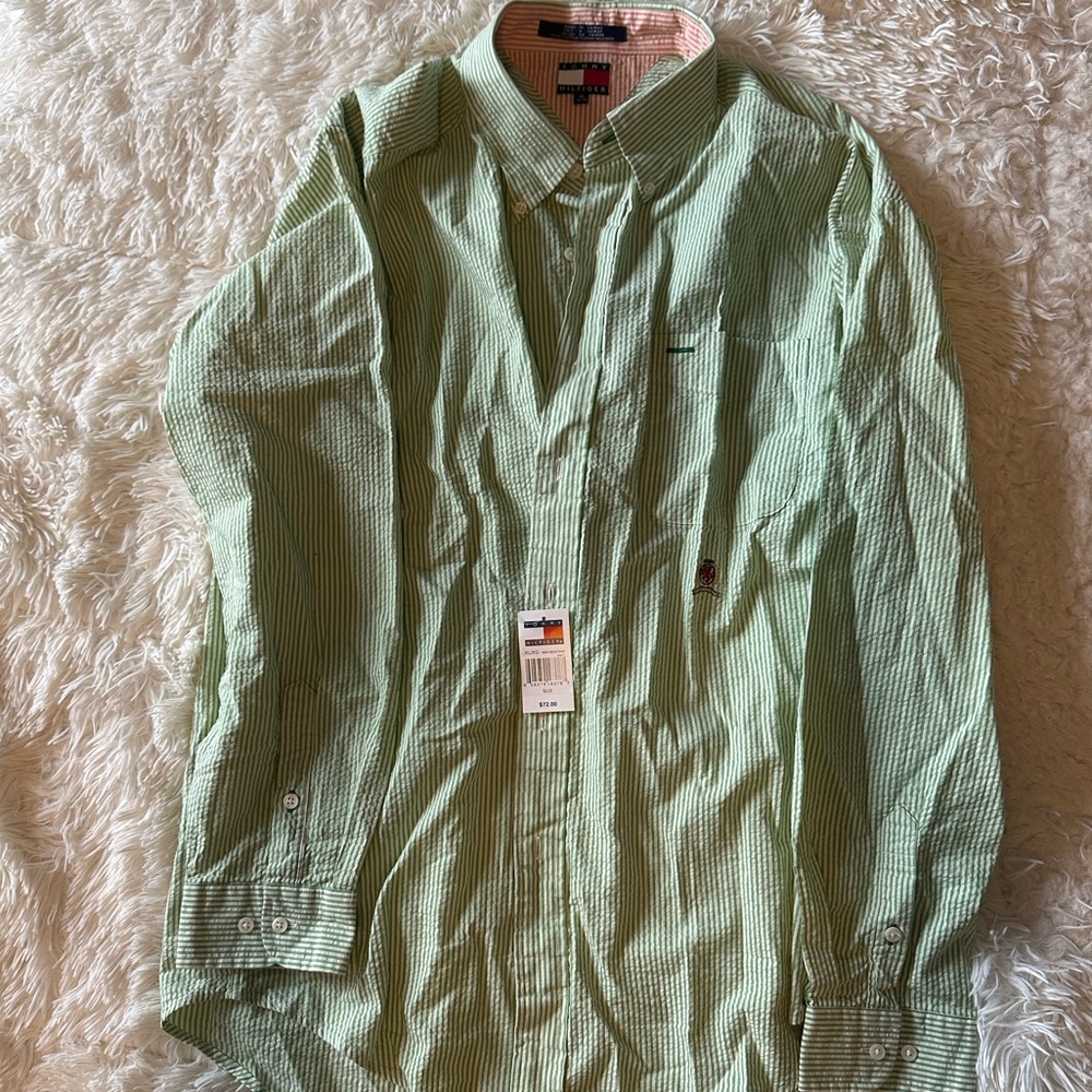 NWT Tommy Hilfiger Men’s XL Green Pinstripe Shirt w Logo